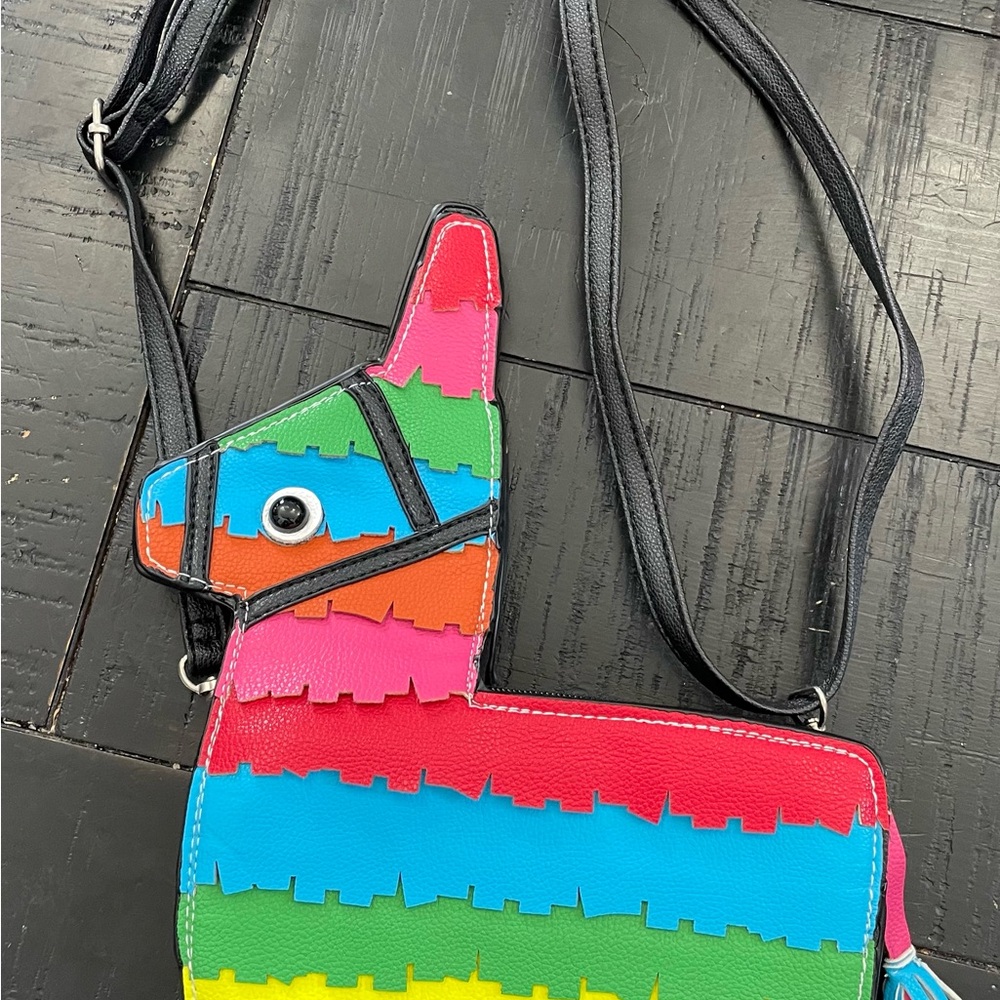 Red and Pink Donkey-Shaped Bag with Festive Stripes